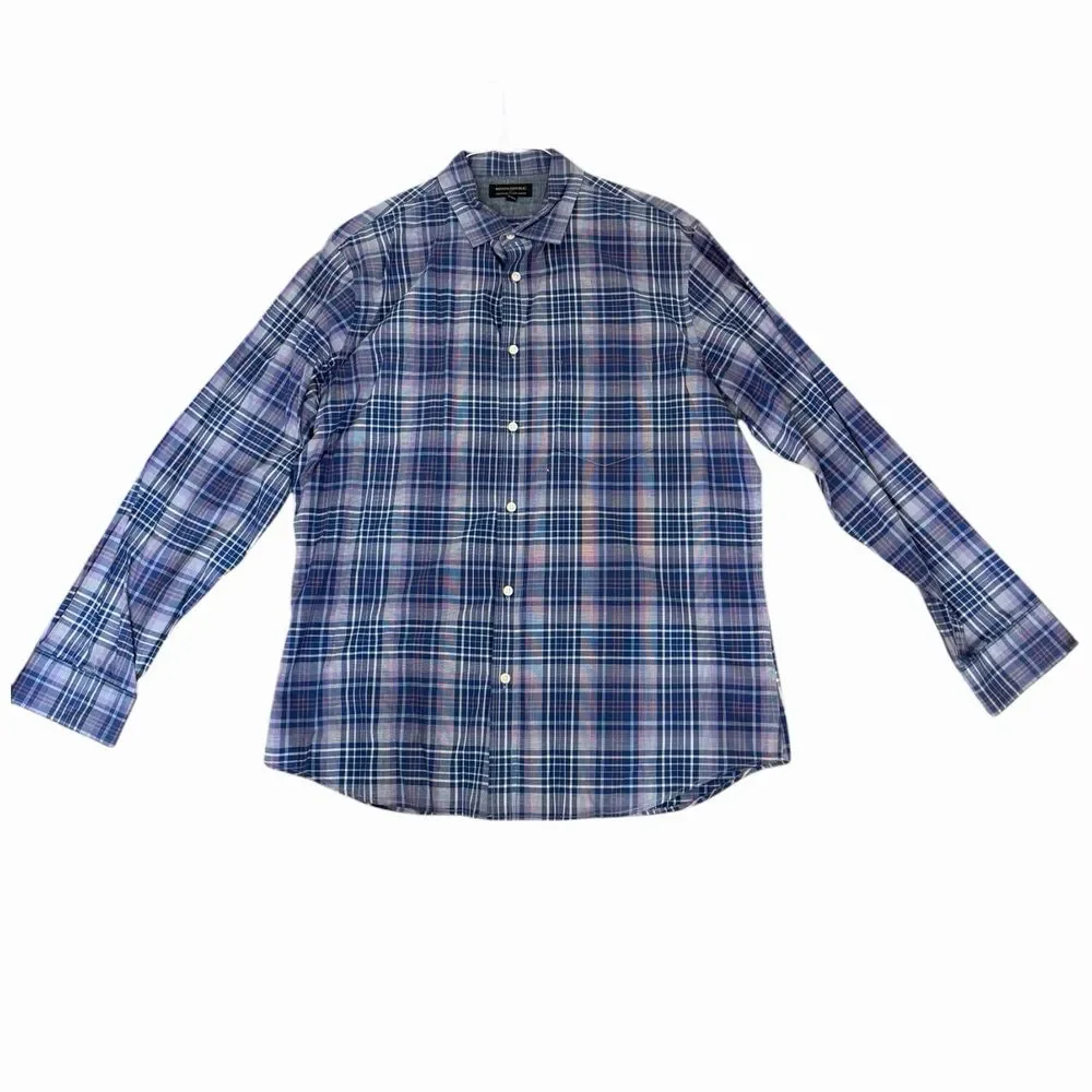 Banana Republic Mens XL Slim Fit Blue Purple Plaid Button Down Shirt 100% Cotton